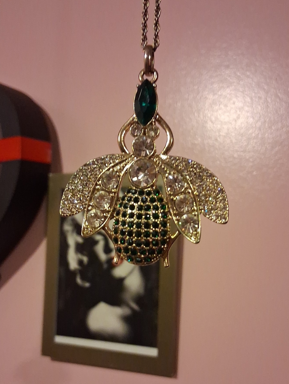 Gold-Tone Green Crystal Bee Pendant Necklace